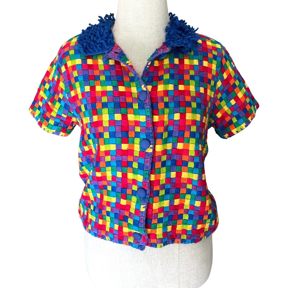 Michael Simon Cardigan S Rainbow Basketweave Fringe 90s Vintage Art to Wear Fun